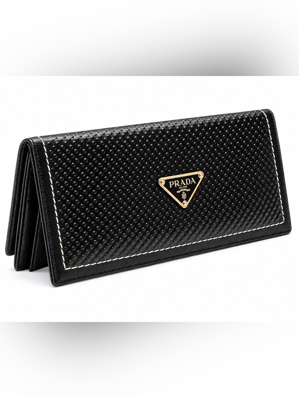 Prada Black Textured Leather Continental Wallet with Gold Logo
